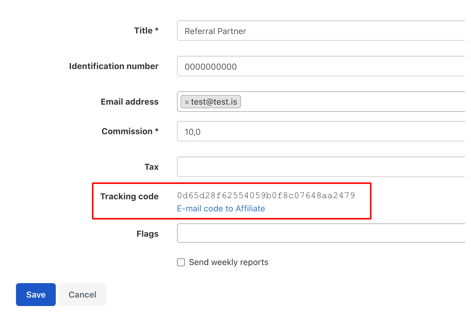 The referral tracking code created in Bokun