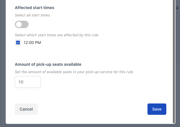 An Availability rule popup showing the amoun of pick-up seats available