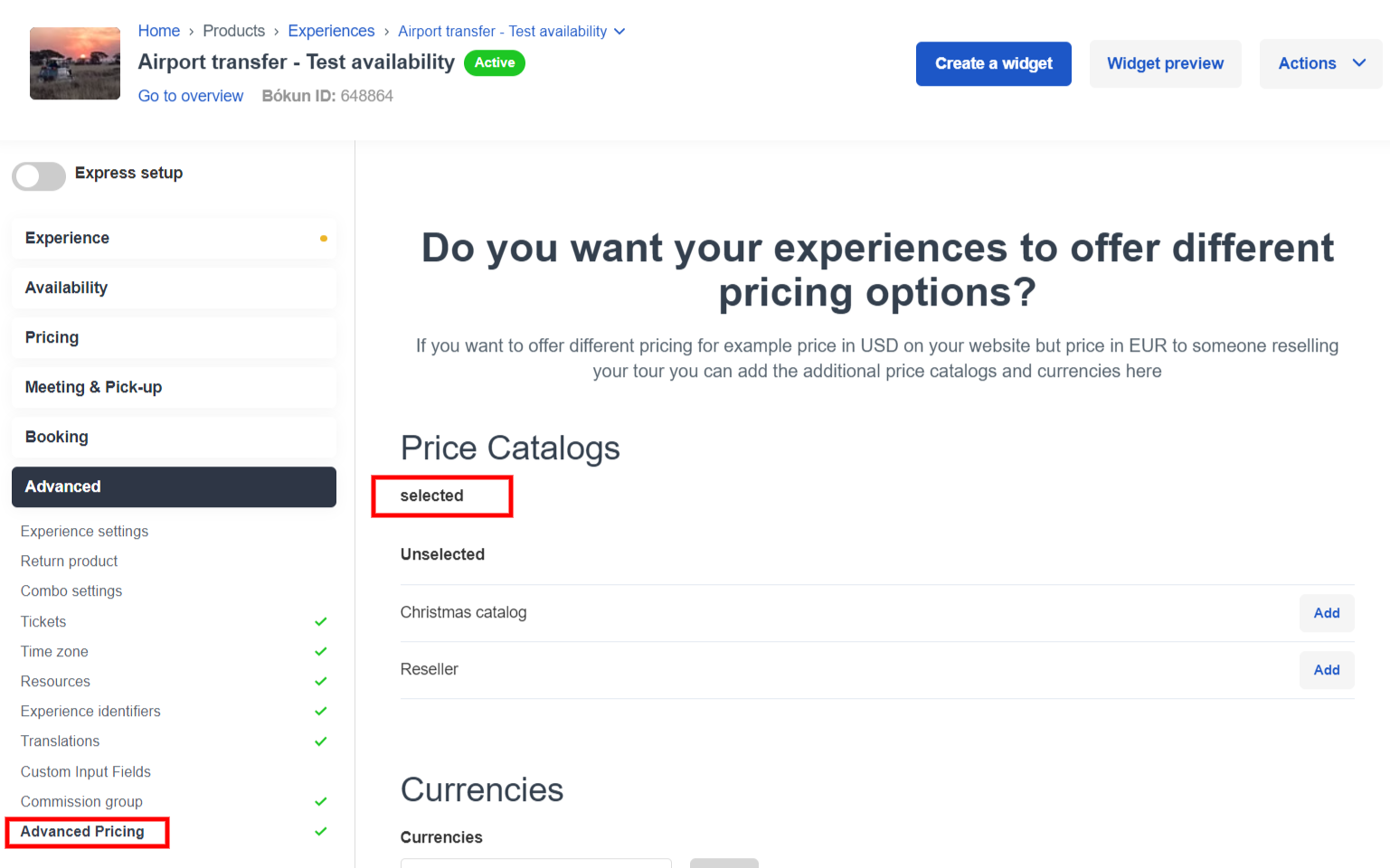 Advanced pricing tab in an experience with a highlighted pricing catalog