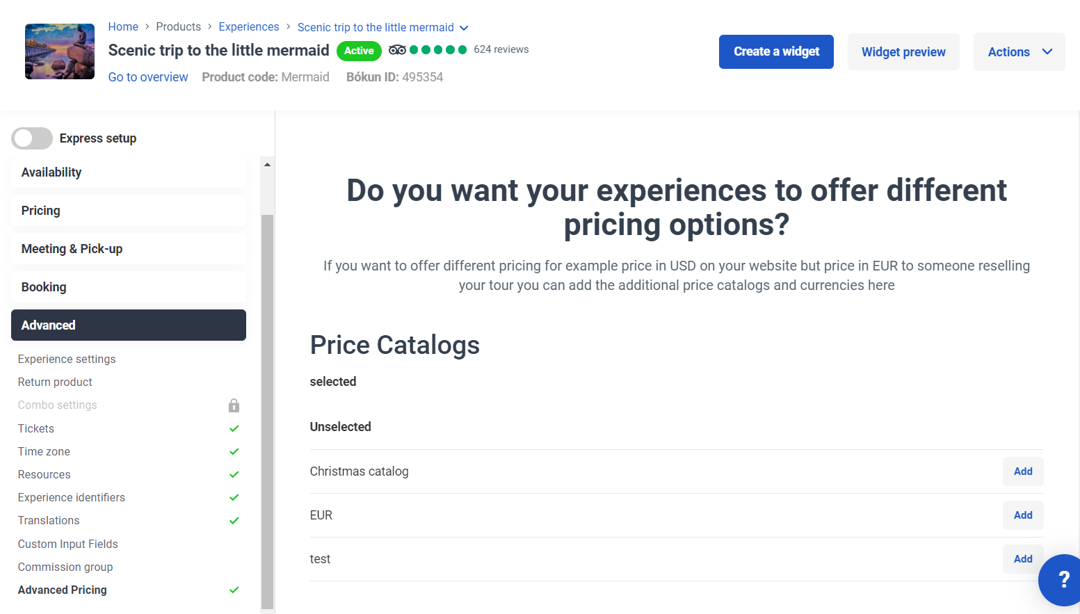 The advanced pricing tab in the Bókun experience editor