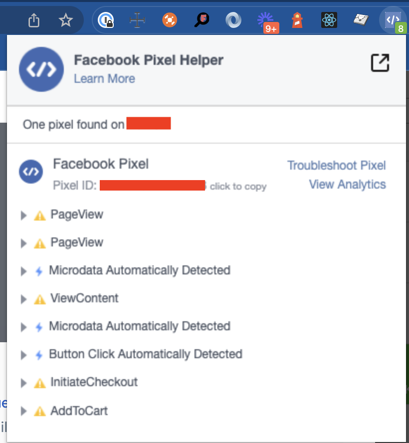 Facebook pixel helper showing event logs