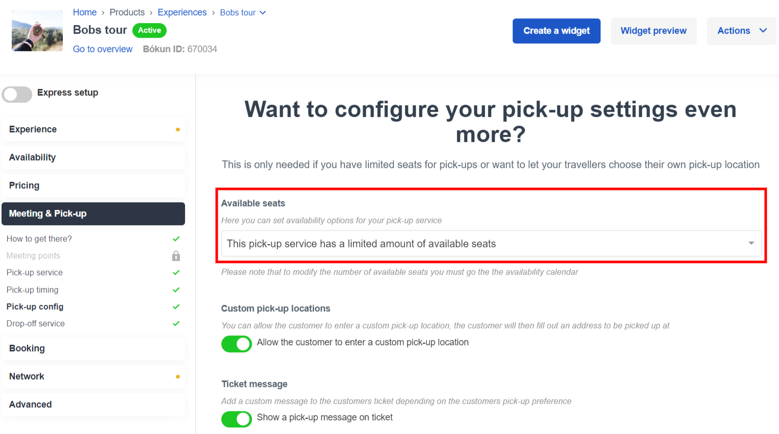 The pick-up config site of an experience highlighting the available seats selection
