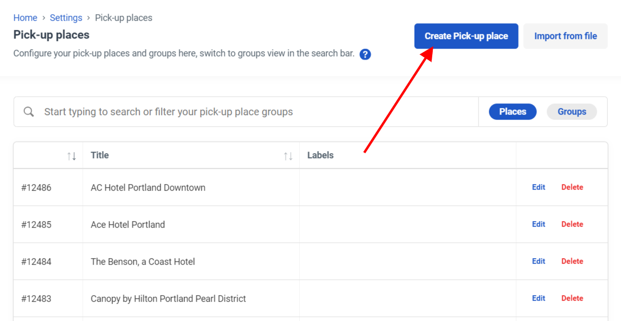 The pick-up places site highlighting the create pick-up place button