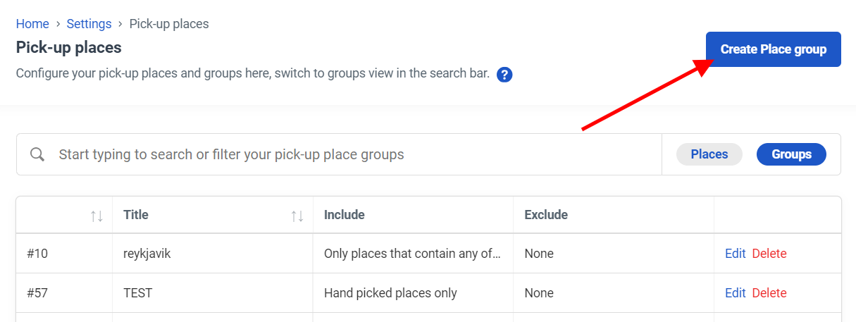 Pick-up places page highlighting the create place group button
