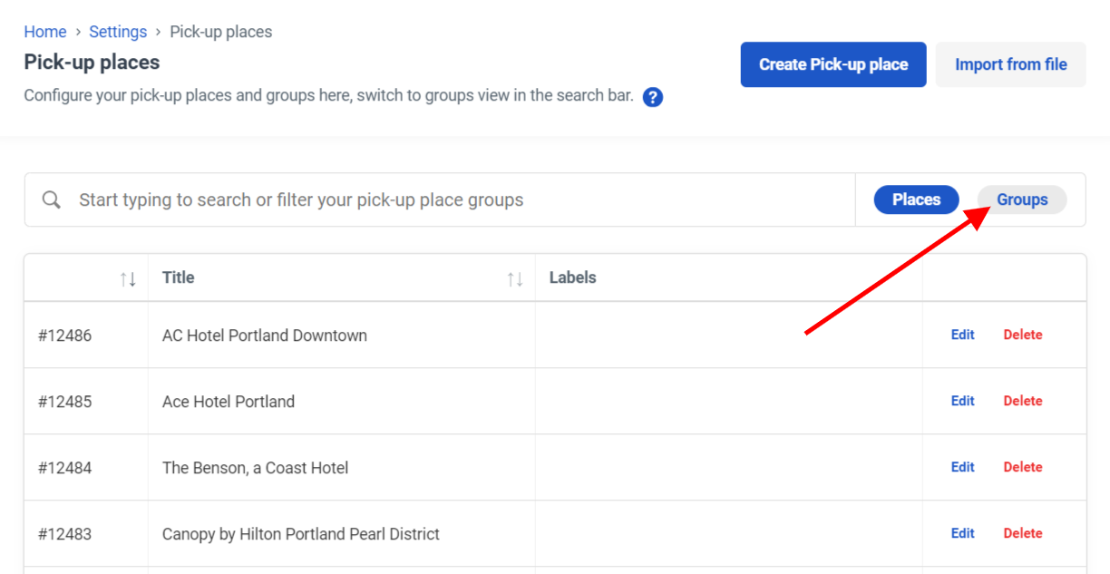 Pick-up places page highlighting the group button at the top right