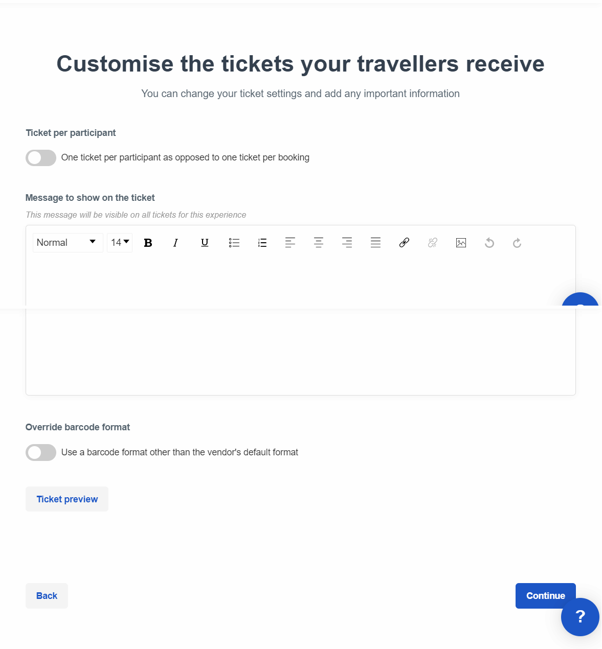 The ticket page with all settings visible