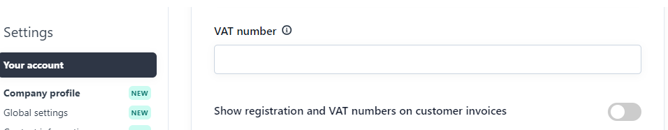 The settings page showing the VAT number field